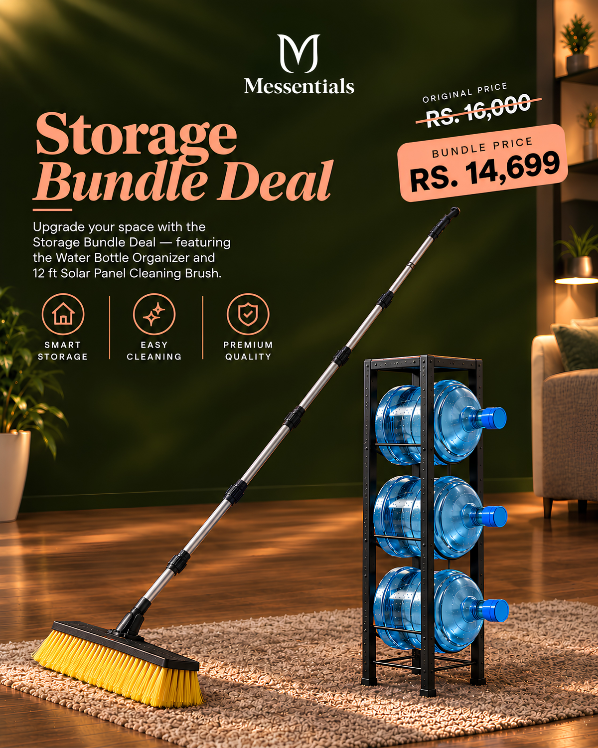 Home Essentials Bundle- 3 Tier Water Bottle Rack + 12ft Solar Cleaning Brush